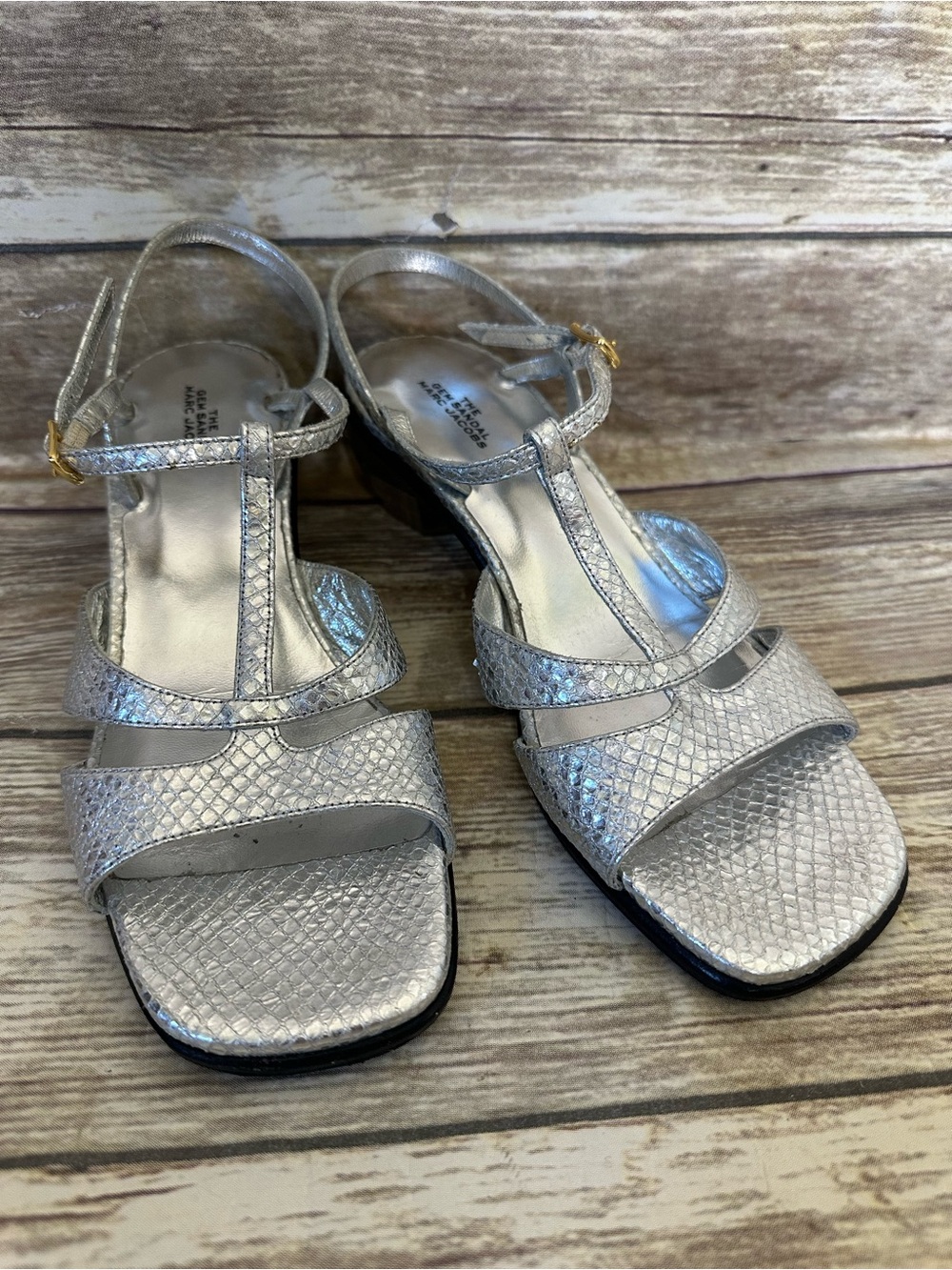 Marc Jacobs The Gem Snake Embossed Metallic Silver Leather Sandal size 37